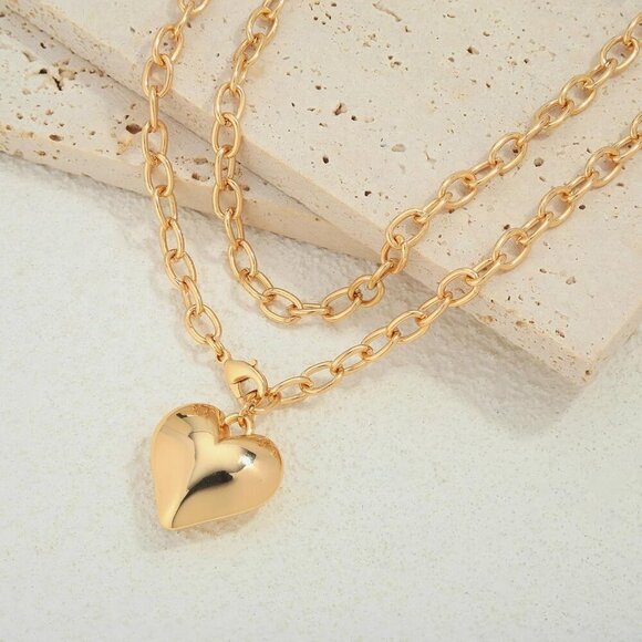 Heart Necklaces for Women Chunky Statement Gold and Silver Necklace with Puffy H - Picture 8 of 9